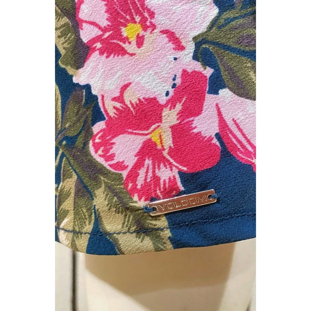 Volcom Floral Midi Skirt Teal Pink Hibiscus Tropical Pencil Skirt Size M - Picture 4 of 9